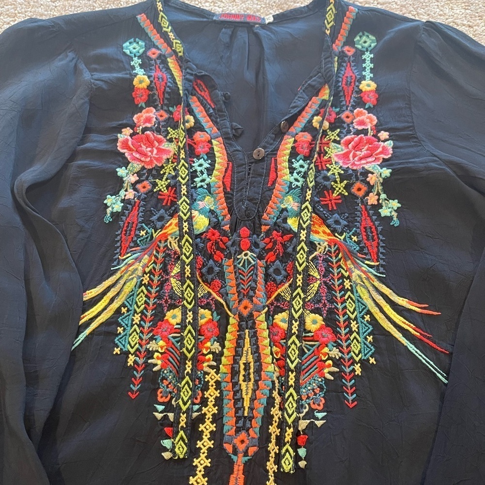Johnny Was Embroidered Black Women's Blouse, Buttoned V-Neck, Long Sleeve, S - Picture 11 of 16